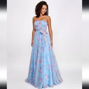 NWT City Studios Juniors Floral Print Bustier Gown in Sky Rose Size 15/16